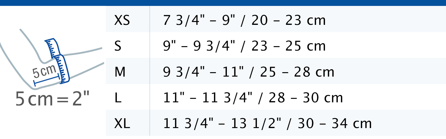 Size chart showing measurements for Actimove Professional Line EpiSport Elbow Clasp Adjustable
 Size chart showing measurements for Actimove Professional Line EpiSport Elbow Clasp Adjustable